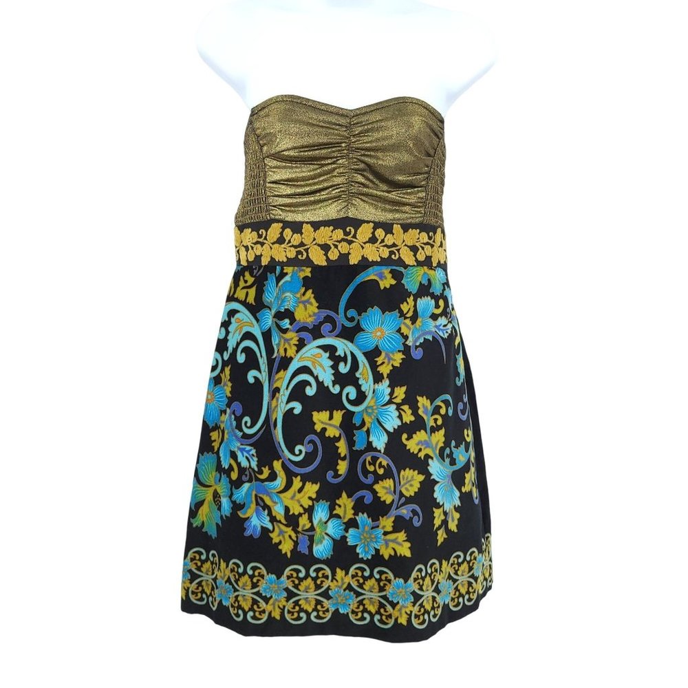 Free People Womens Velvet Mini Dress Strapless Black Blue Floral Bronze Size 8